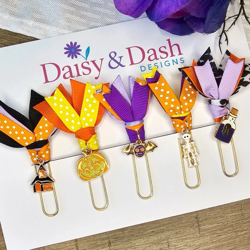 Set of 5 Halloween Ribbon Paperclip Bookmarks with Charms